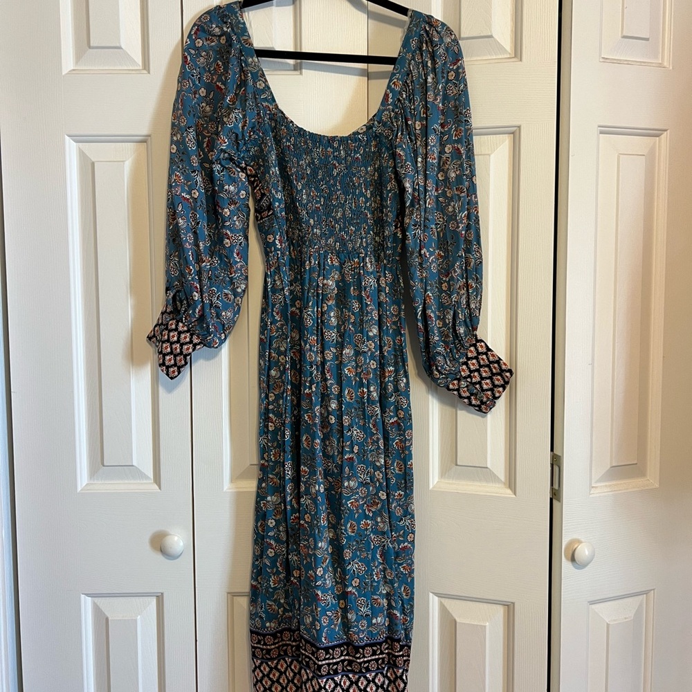 Angie Teal Floral Long Sleeve Maxi Dress with Patterned Bodice - Picture 2 of 4